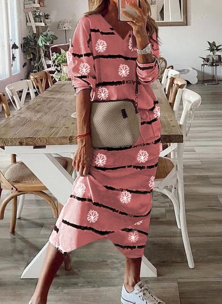 

Irregular Craftsmanship Off Shoulder Loosen Striped Floral Casual Suits, Stripe, Midi Dresses