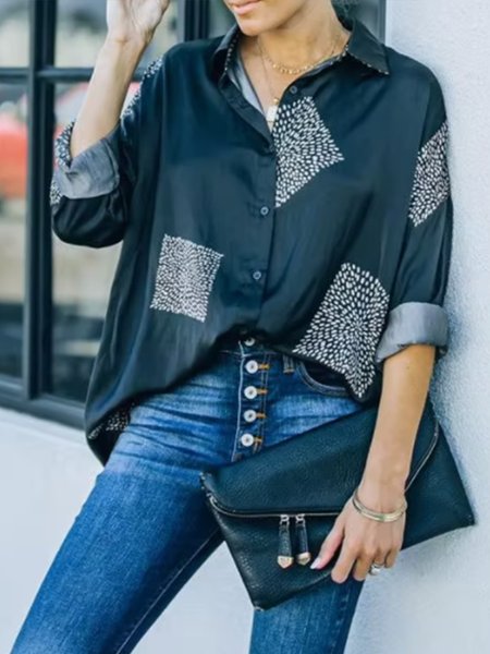 

Daily Printed Shirt Collar Loosen Top, Black, Blouses and Shirts