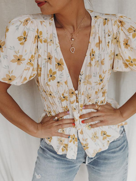 

Floral Casual Bishop Sleeve Shirts & Tops, White, Blouses & Shirts