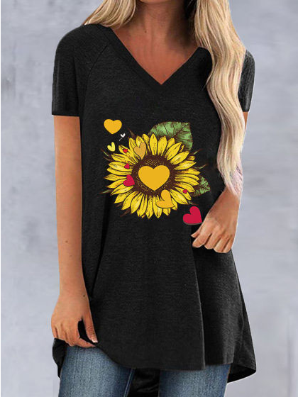 

V Neck Sunflower Cotton Blends Shirts & Tops, Black, T-Shirts