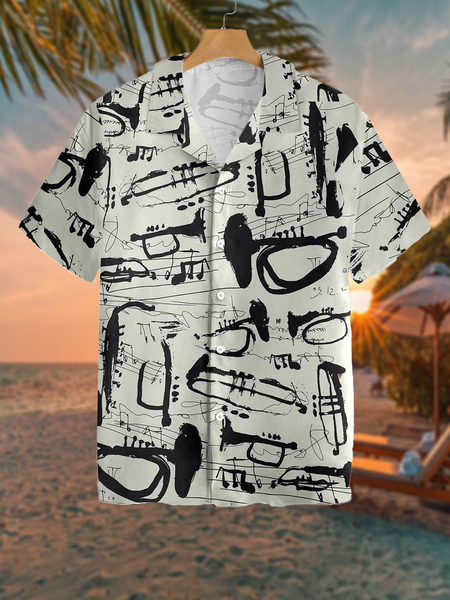 

Holiday Leisure Music Elements Abstract Lines Musical Instruments And Notes Pattern Hawaiian Print Shirt Top, As picture, Men's Floral shirt