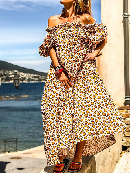 

Plus size Holiday Leopard Off The Shoulder Dresses, As picture, Maxi Dresses
