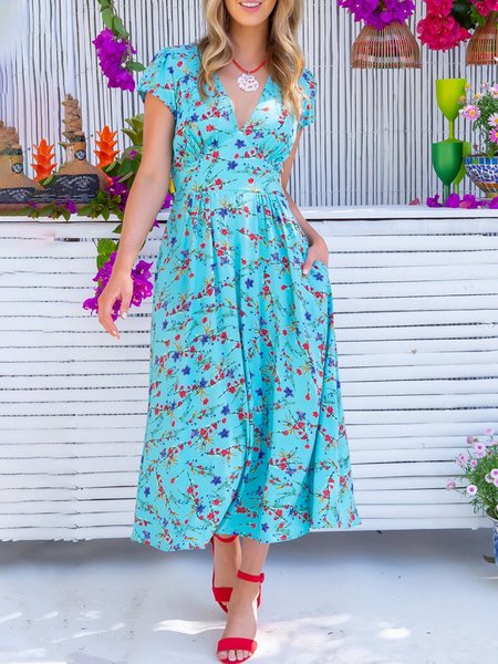 

V Neck Loosen Floral Dresses, Blue, Midi Dresses