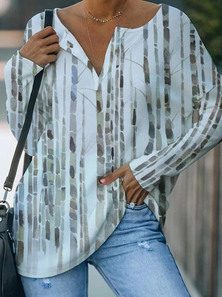 

Striped Crew Neck Loosen Casual Shirts & Tops, White, Long sleeve tops