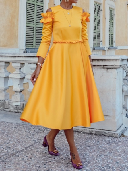 

Spring Hollow Out Crew Neck Elegant Long sleeve Date Long sleeve Woven Dress, Yellow, Midi Dresses