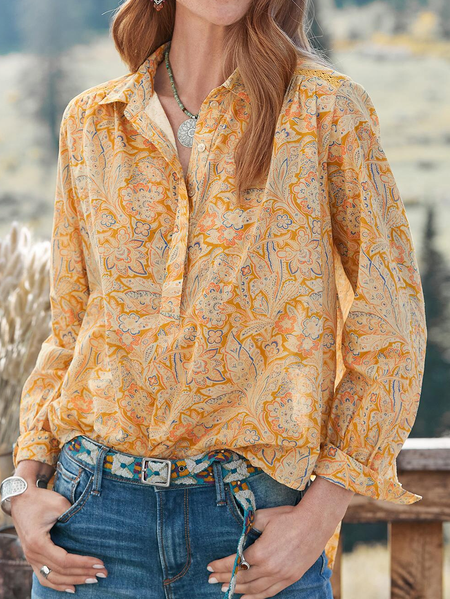 

Floral Shirt Collar Boho Shirts & Tops, Yellow, Long sleeve tops