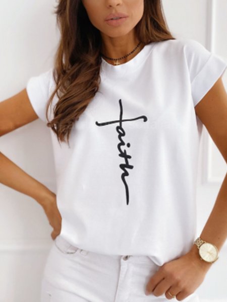 

Crew Neck Letter Cotton Blends Shirts & Tops, White, T-Shirts