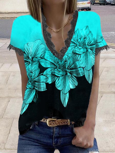 

Floral Loosen V Neck Shirts & Tops, Black, T-Shirts