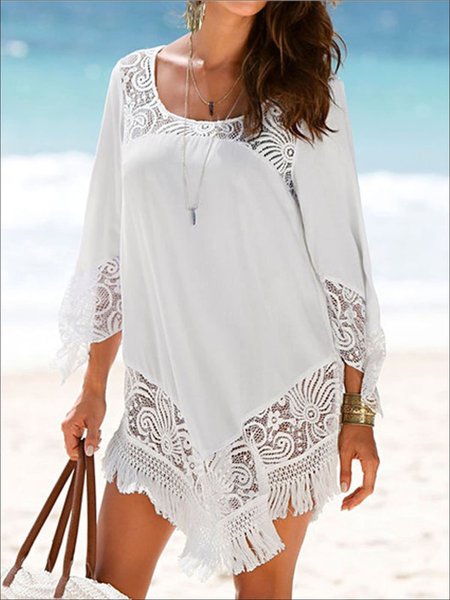 

Women's Lace Hollow Out Fringe Hem Beach Prom Dress, White, Basic Dresses