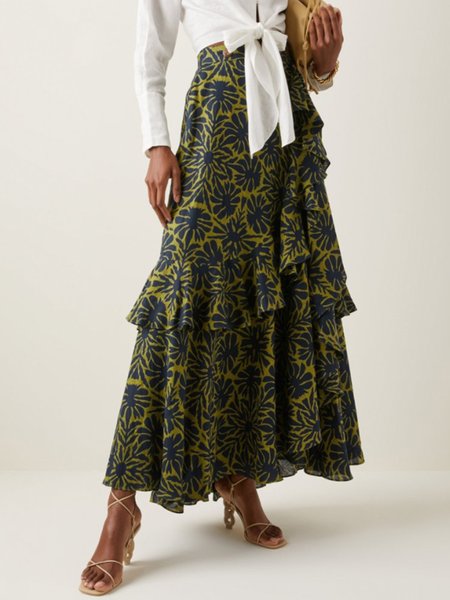 

Vacation Floral Printed A LineA Skirt, Green, Maxi Skirts