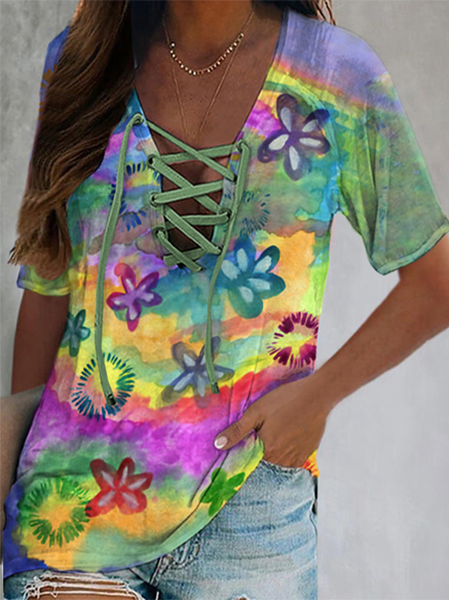 

Floral Cotton Blends Ombre Casual Shirts & Tops, Multicolor, T-Shirts