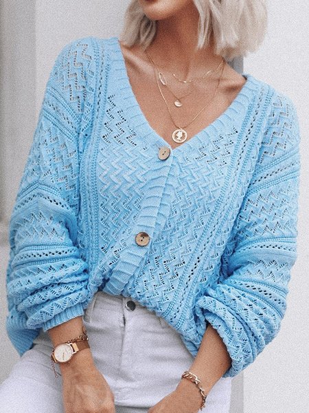 

Holiday Solid V-neck Open knit Button Up Cardigan Sweater, Blue, Sweaters