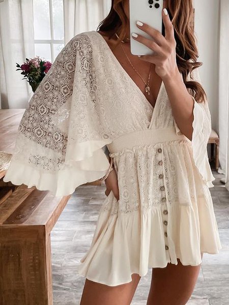 

V Neck Loosen Casual Flare Sleeve Dresses, White, Mini Dresses