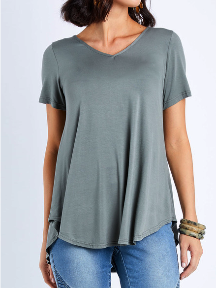 

V neck Plain Casual Shirts & Tops, Deep gray, T-Shirts
