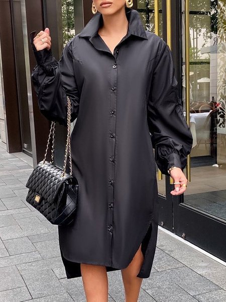 

Casual Long Sleeve Solid Loosen Midi Dress, Black, Midi Dresses