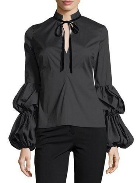 

Solid Regular Fit Elegant Puff Sleeve Shirt, Black, Tops