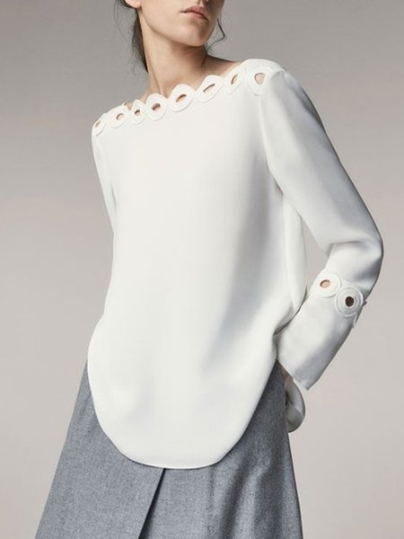 

Boat Neck Plain Loosen Daily Simple Top, White, Tops