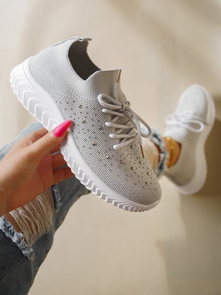 

Solid Color Lace-Up Textile Sneakers With Rhinestones, Gray, Sneakers