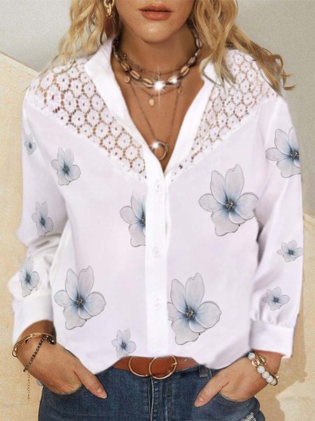 

Long Sleeves Floral Buttoned Stand Collar Plus Size Casual Shirt Tops, White, Blouses & Shirts