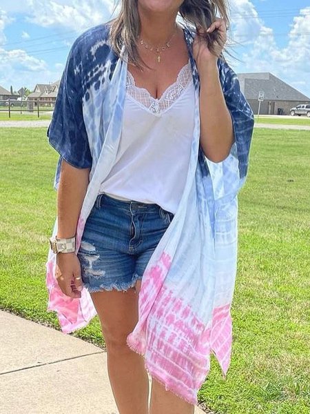 

Ombre Casual Shirt Sleeve Collarless Outerwear, Blue, Outerwear
