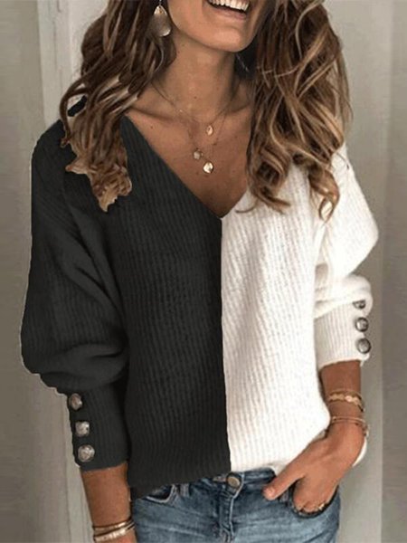 

Color Block V-Neck Casual Sweaters, Black-white, Sweaters