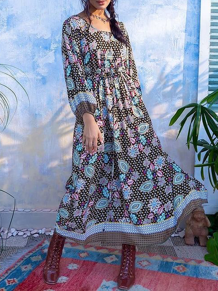 

Crew Neck Boho Tribal Long sleeve Woven Dress, Black, Maxi Dresses