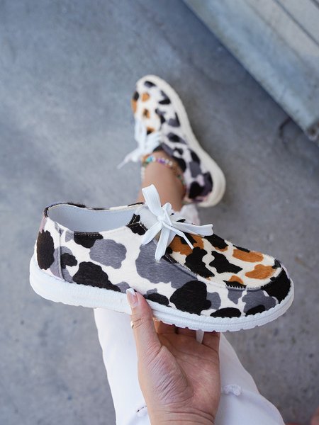 

Contrast Cow Pattern Lace-Up Flats, As picture, Flats