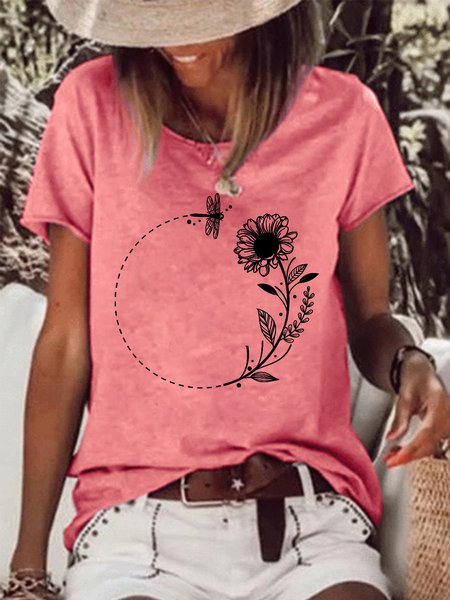 

Botanical Circle Frame with Sunflower and Dragonfly Women's Short sleeve tops, Red, T-shirts