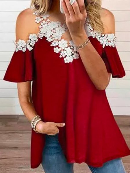 

Lace Short Sleeves Plain Off Shoulder Plus Size Casual Tops, Red, T-Shirts