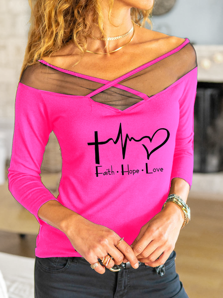 

See-Through Look Letter Casual Shirts & Tops, Rose red, T-Shirts