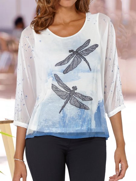 

Dragonfly Print Round Neck Holiday Casual T-Shirts, Blue, Long sleeve tops
