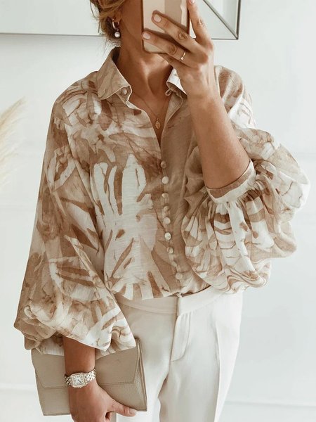 

Casual Random Print Printing Balloon Sleeve Shirt, Khaki, Blouses and Shirts