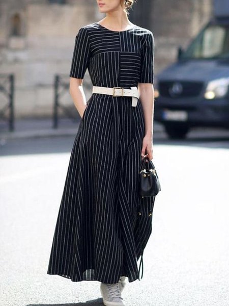 

Striped Crew Neck Slim Fit Dress, Black, Maxi Dresses