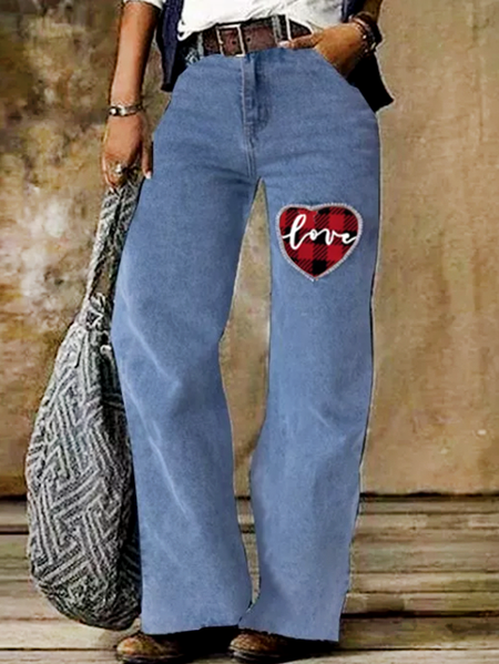 

Casual single heart cutout pattern heart stitching pants Loosen Pants, Light blue, Jeans