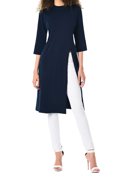 

Spring Regular Fit Slit Round Neck Daily Lightweight Tops, Navyblue, Tops