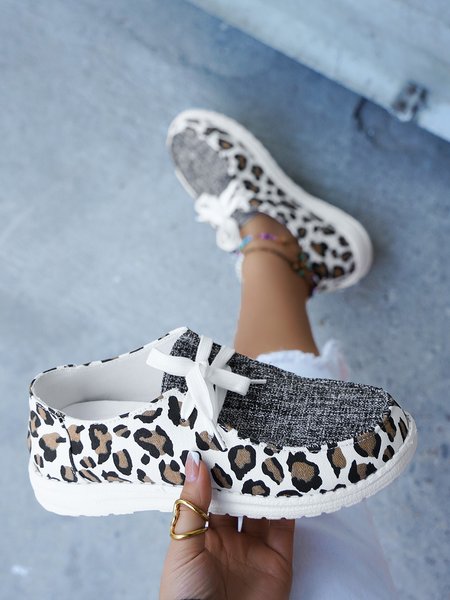 

Canvas Leopard Print Lace-Up Casual Shoes, As picture, Flat & Loafers