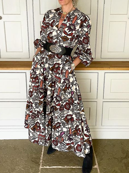 

Boho V Neck Floral Long sleeve Woven Dress, Red, Maxi Dresses