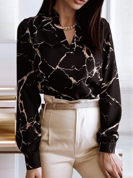 

Casual Geometric V Neck Loosen Shirts & Tops, Black, Blouses & Shirts