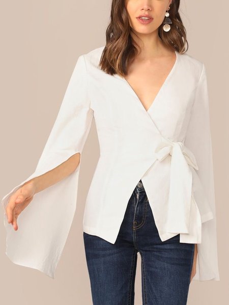

Elegant Regular Fit V Neck Extra-long Sleeve Belted Top, White, Tops