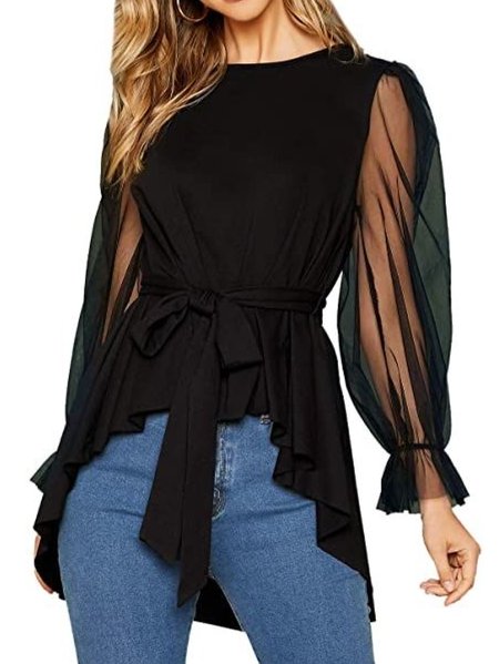 

Regular Fit Mesh Sleeve Elegant Front Tie Top, Black, Tops