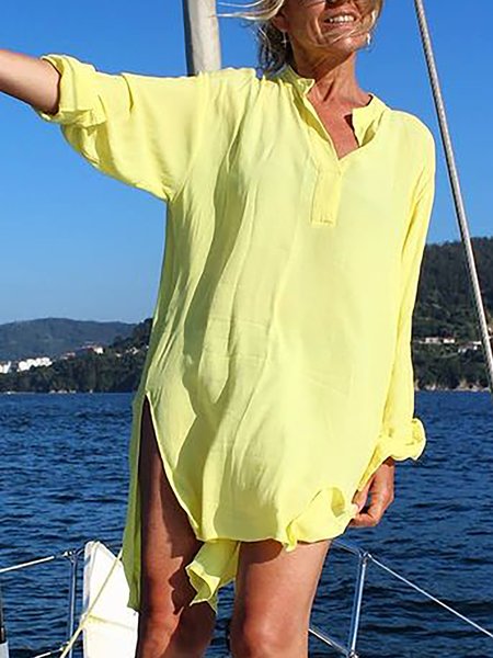 

Casual Solid Long Sleeves V Neck Cotton Blends Shirts & Tops, Yellow, Blouses & Shirts