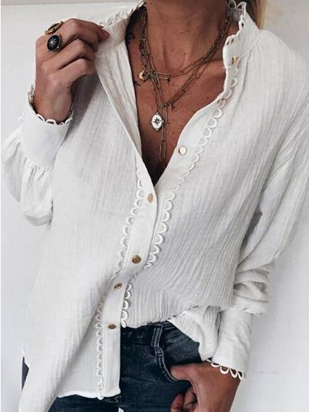 

Casual Lace Stand Collar Regular Fit Shirts & Tops, White, Blouses & Shirts