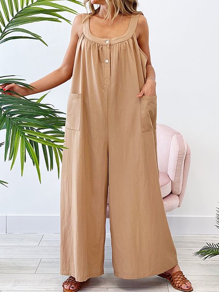 

Casual Cotton Blends Solid Overall One-Pieces With Pockets, Khaki, Jumpsuits