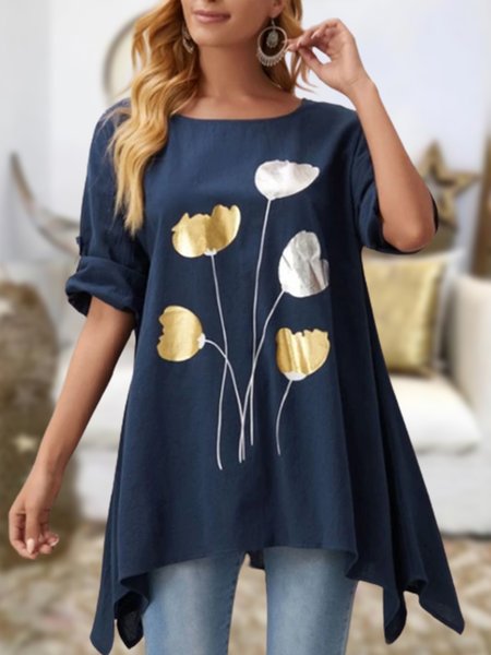 

Floral Loosen Linen Shirts & Tops, Blue, Long sleeve tops