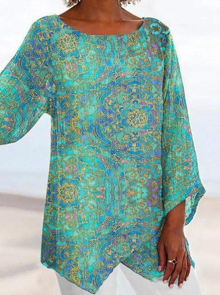 

JFN Round Neck Floral Vacation Tunic Tops, Green, Long sleeve tops
