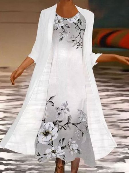 

Floral Printed Dress With Coat Loosen Suits, White, Midi Dresses