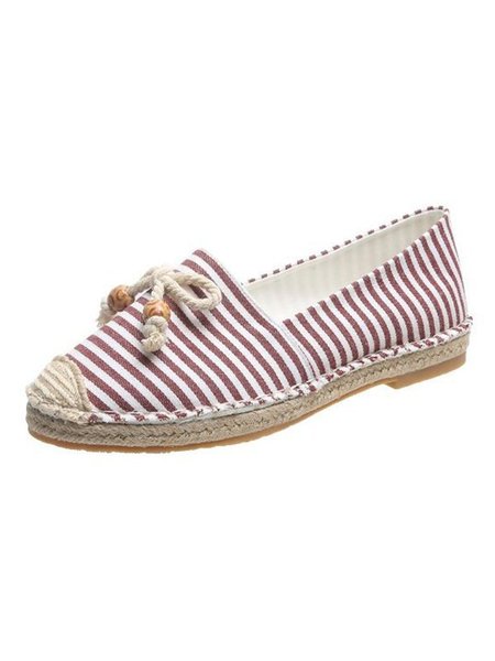 

Bow-Beaded Striped Canvas Straw-Sole Espadrilles, Red, Flat & Loafers