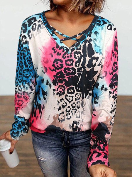 

Leopard Long Sleeve V Neck Plus Size Casual Tops, Multicolor, T-Shirts