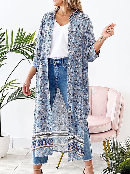 

Vacation Loosen Tribal Boho Kimono Outerwear, Blue, Outerwear