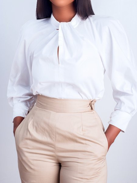 

Solid Stand Collar Elegant Work Shirt, White, Tops